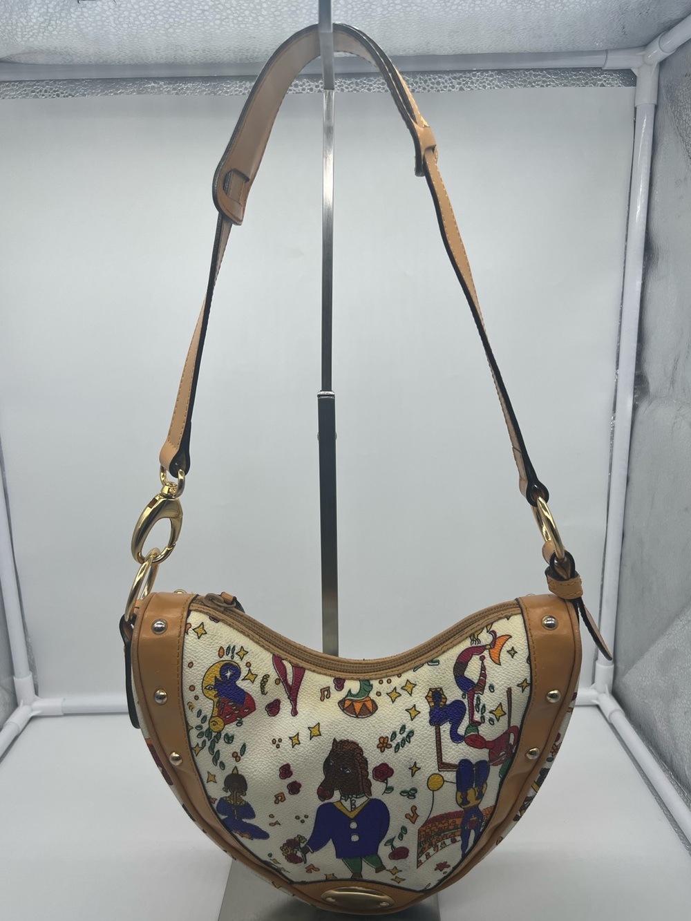 PIERO GUIDI Magic Circus Print Embossed Graffiti Brown Leather Trim Shoulder Bag